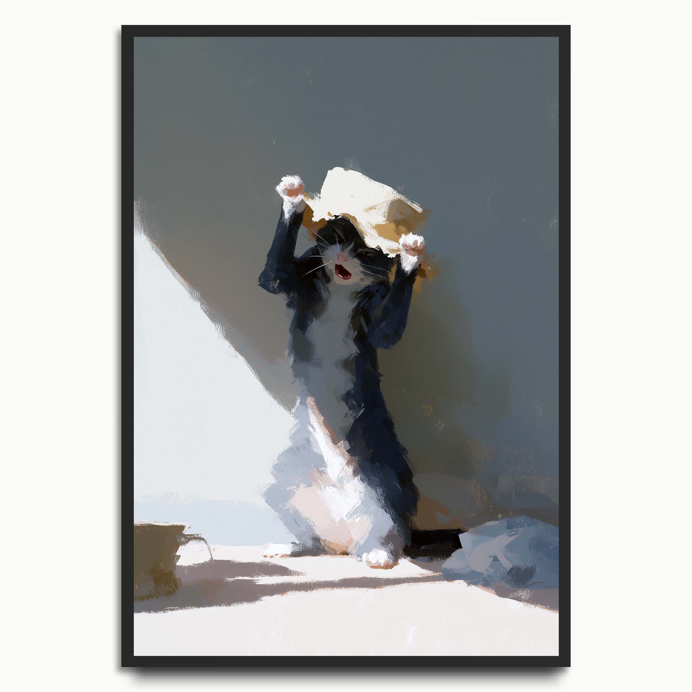 Playful Cat with Paper Bag cat art prints