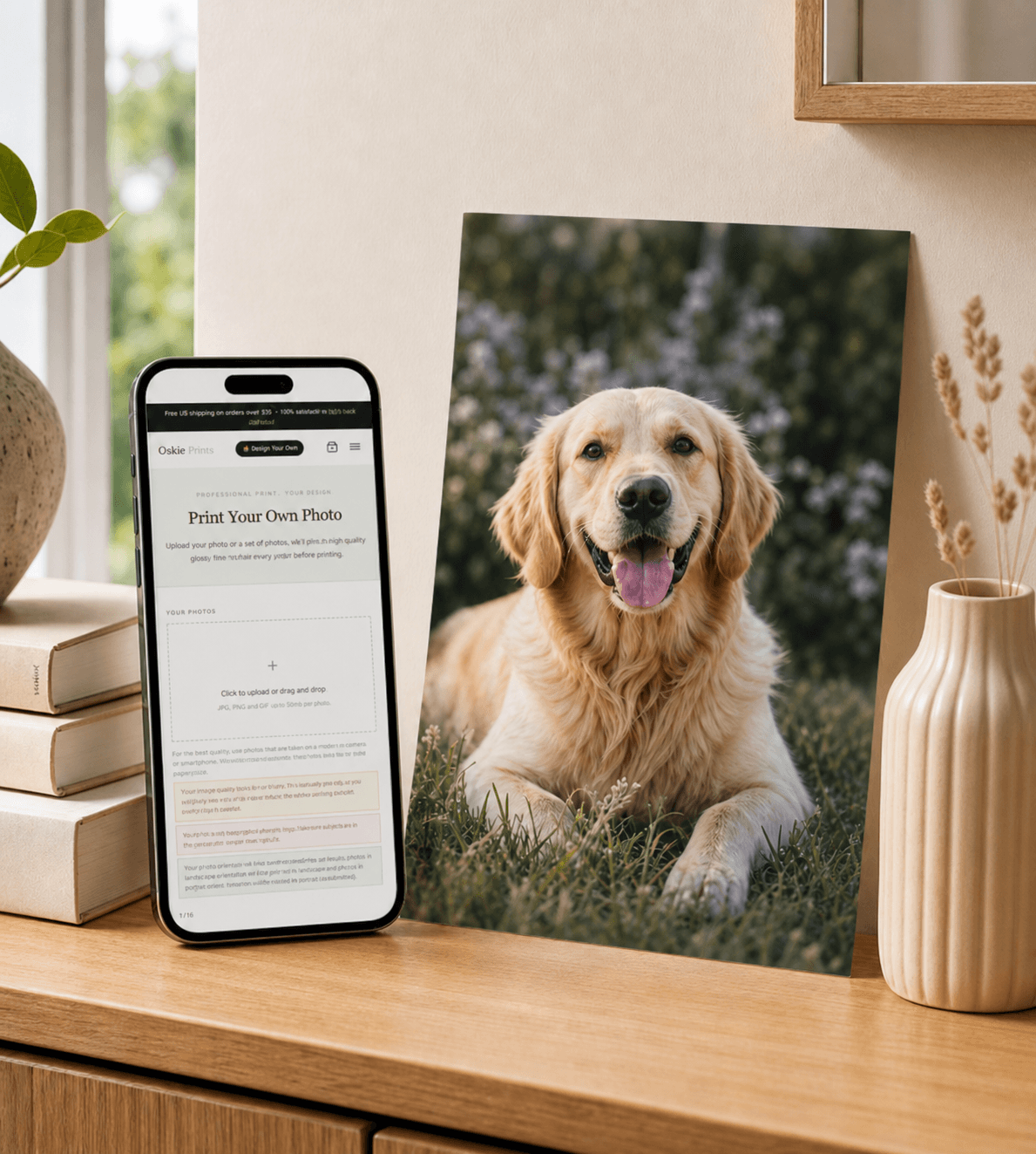 A printed dog photograph beside the Oskie Prints online photo upload page